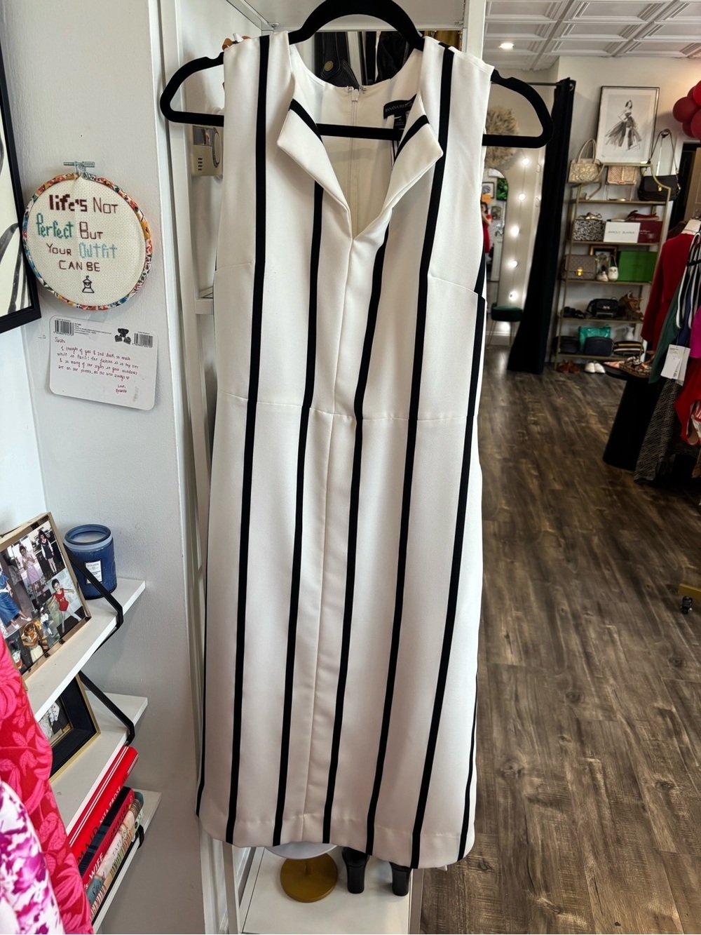 Banana Republic White Midi Dress with Black Vertical Stripes